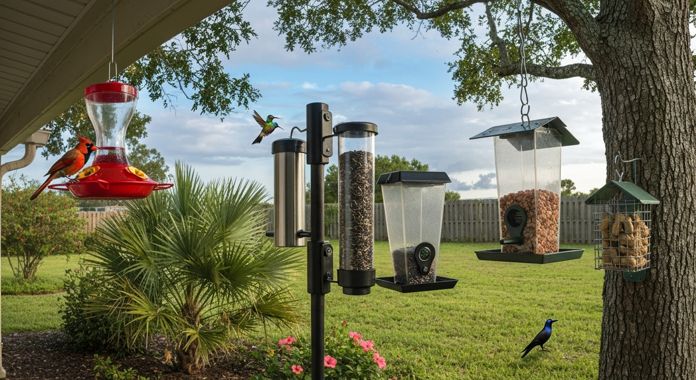 Central Florida backyard with hummingbird saucer, polycarbonate tube feeder on pole with baffle, stainless nyjer tube, covered hopper, and a suet/peanut cage; cardinal and hummingbird present.