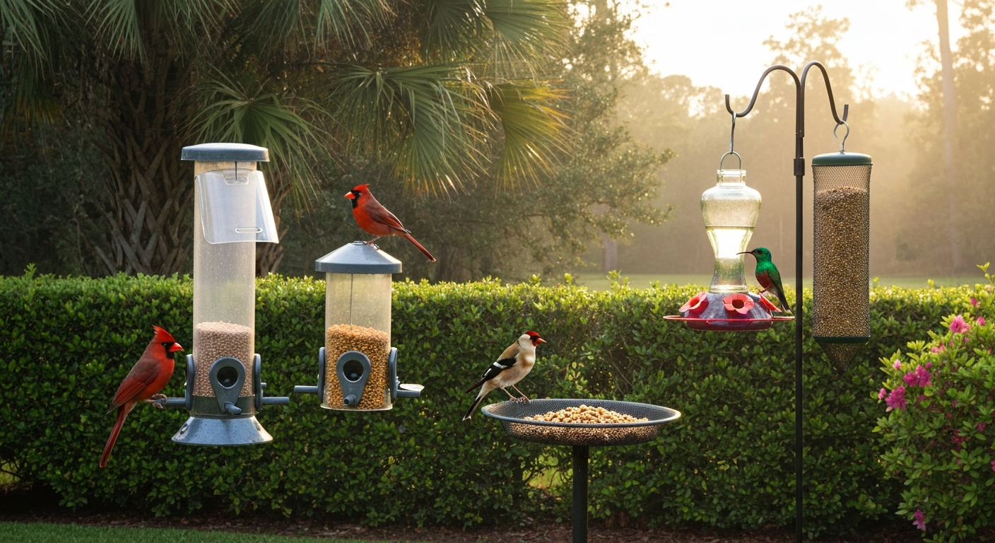 South Carolina backyard cluster of feeders — tube feeder, hopper with safflower, platform tray, glass hummingbird feeder, and nyjer sock — with a cardinal, goldfinch, and hummingbird feeding in warm humid light.
