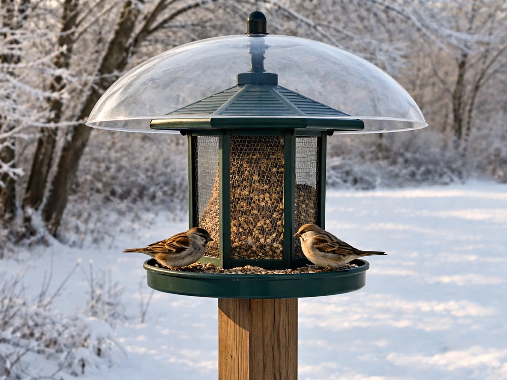 Winter Iowa backyard scene with a squirrel-resistant bird feeder and sparrows feeding in snowy frost.