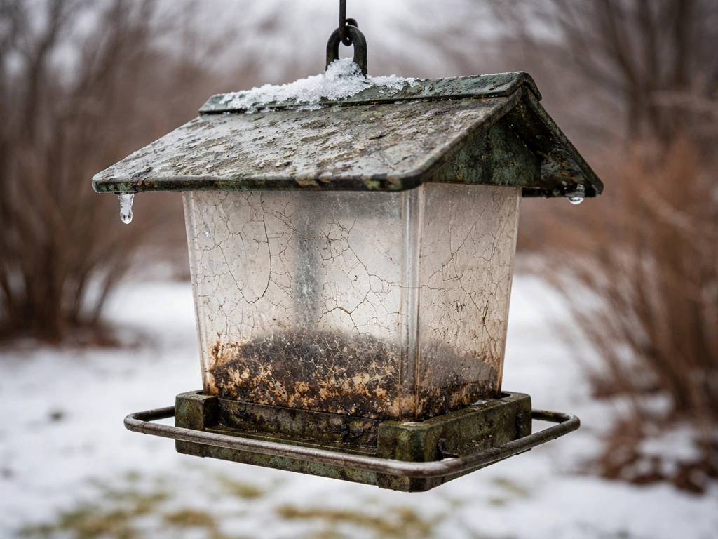 Cracked, brittle plastic bird feeder hopper in snow with a damaged feeder roof