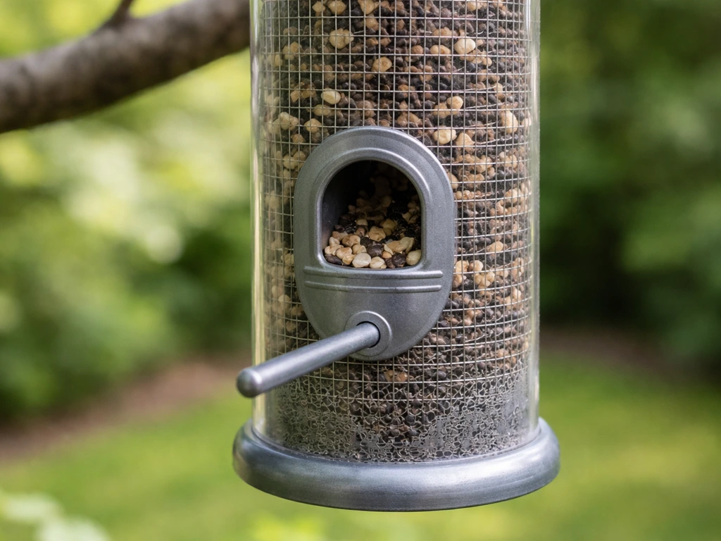 Close-up of a hanging tube bird feeder port with sunflower chips and nyjer seed nearby