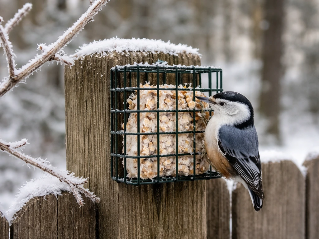 Woodpecker or nuthatch perched at a suet wire cage feeder in a frosty backyard.