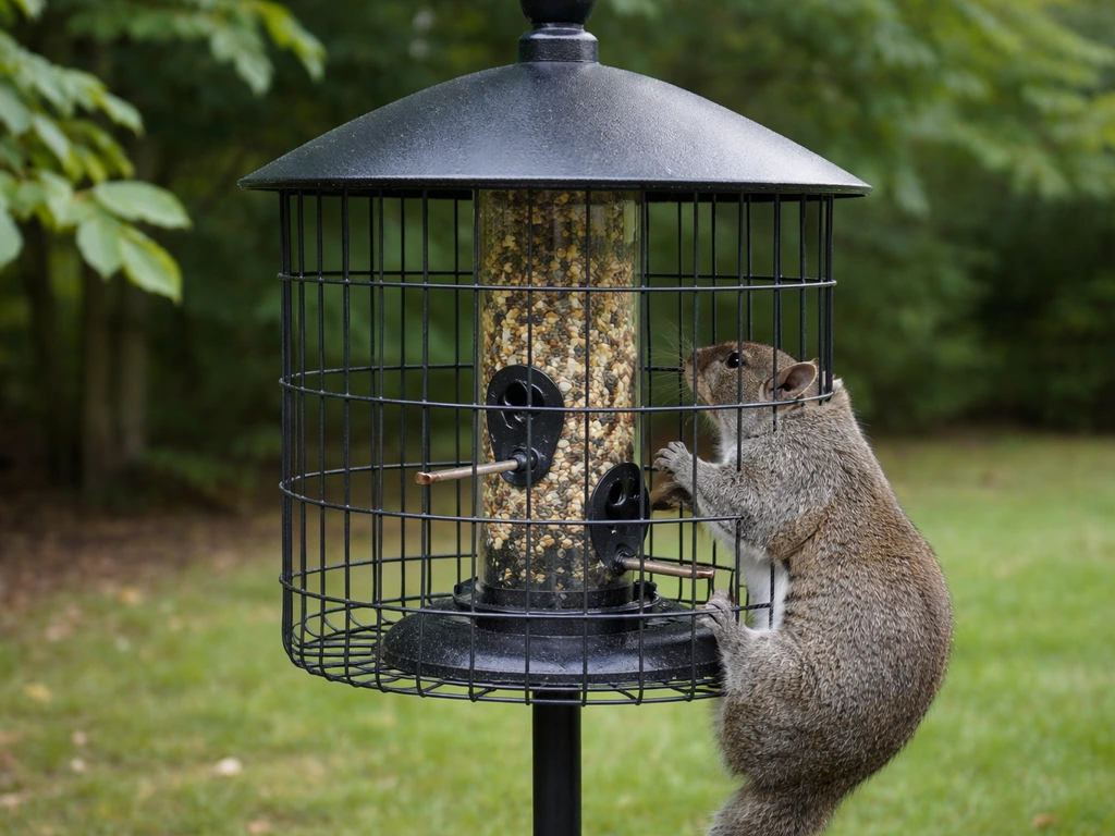 Gray squirrel blocked by a torpedo baffle and wire-caged tube feeder outside small access ports.