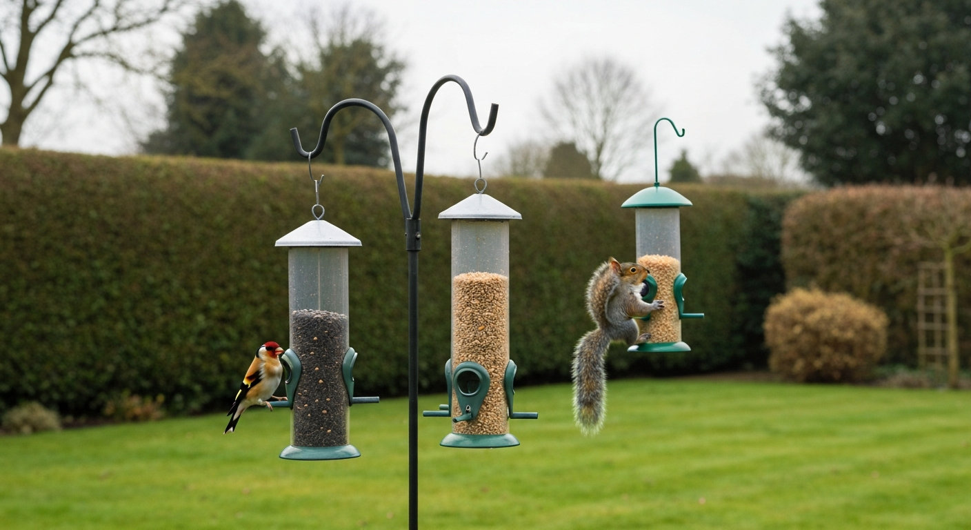 UK garden feeding area with a weight-activated tube feeder, a nyjer feeder with a goldfinch, and a squirrel stopped by the feeder's closed mechanism.