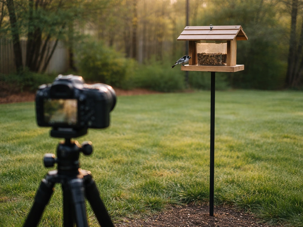 Backyard bird feeder on a pole with a bird perched, camera tripod setup in the foreground.