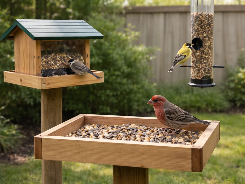 Small birds feeding at different feeder types: platform, hopper, and tube in a backyard garden.