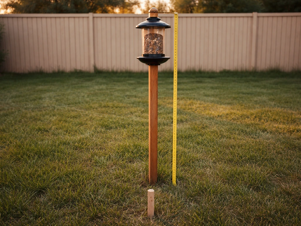 Tape measure and stake mark about five feet on a pole-mounted bird feeder with an unobstructed view line.