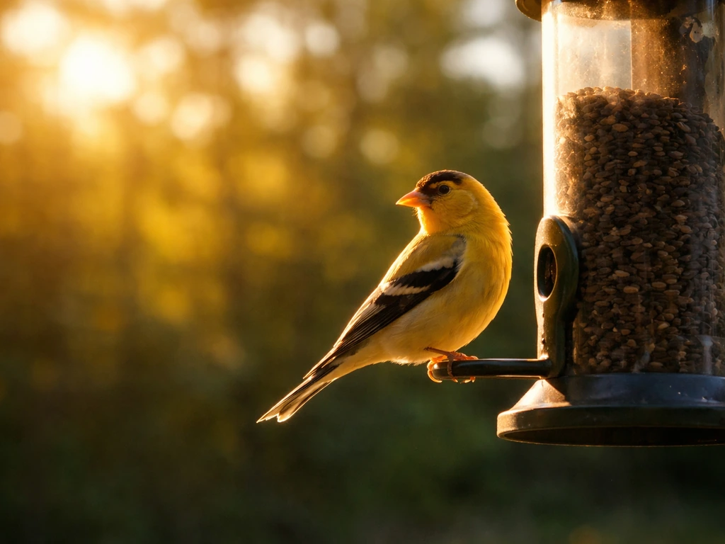 Small bird on a sunlit feeder with a blurred distant background for strong contrast