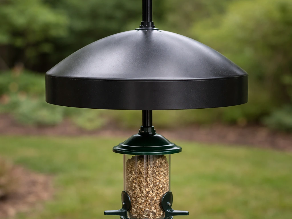 Close-up of a squirrel baffle fitted to a feeder pole above a bird feeder, showing barrier placement.