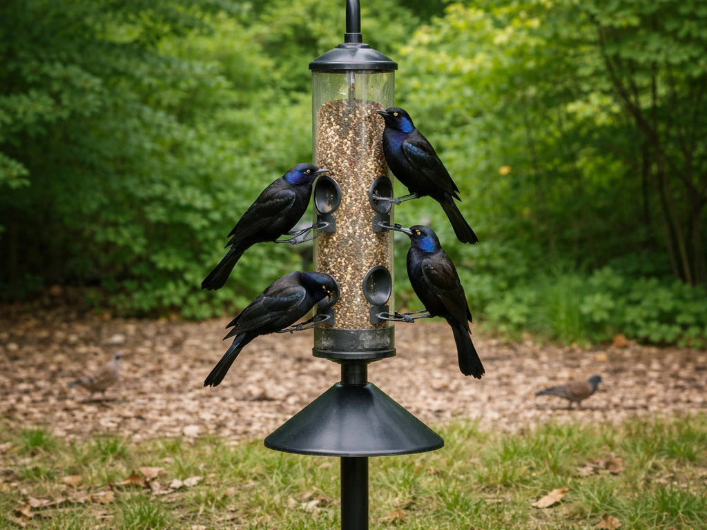 Common grackles crowd a pole-mounted bird feeder while smaller birds are pushed back.