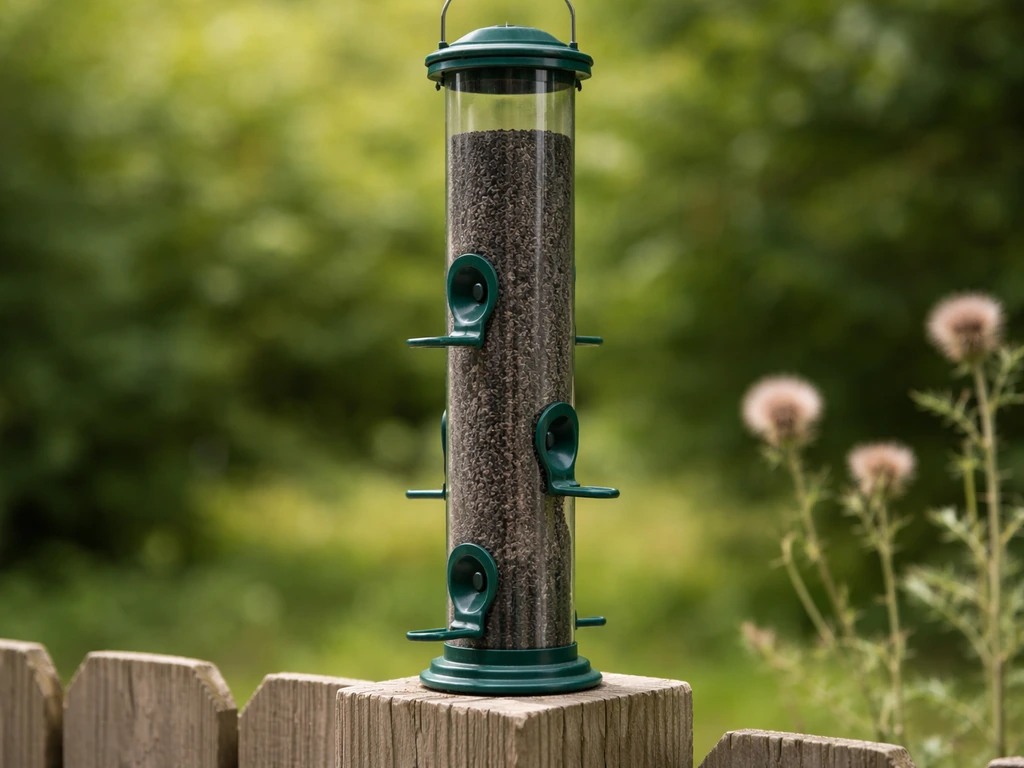 Mounted thistle (nyjer) tube bird feeder filled with seed, showing finch-access ports in a clean outdoor yard.
