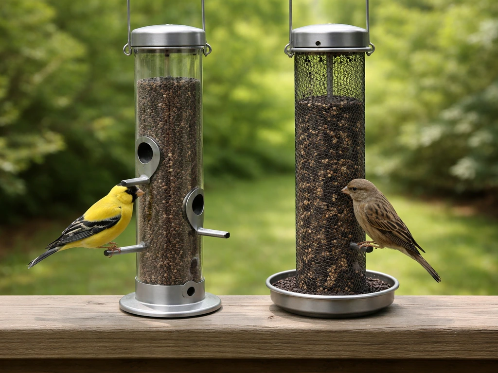 Side-by-side feeders: standard nyjer tube and fine-mesh tube, with small finches feeding.