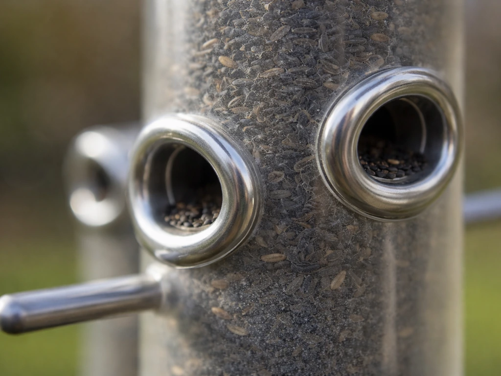 Close-up of a finch tube feeder showing metal port rings and nyjer/thistle openings