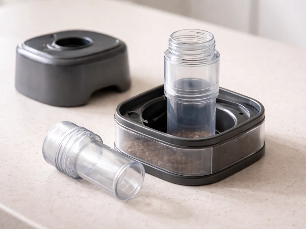 Disassembled feeder parts showing the internal tube/port area with top cap and base removed.