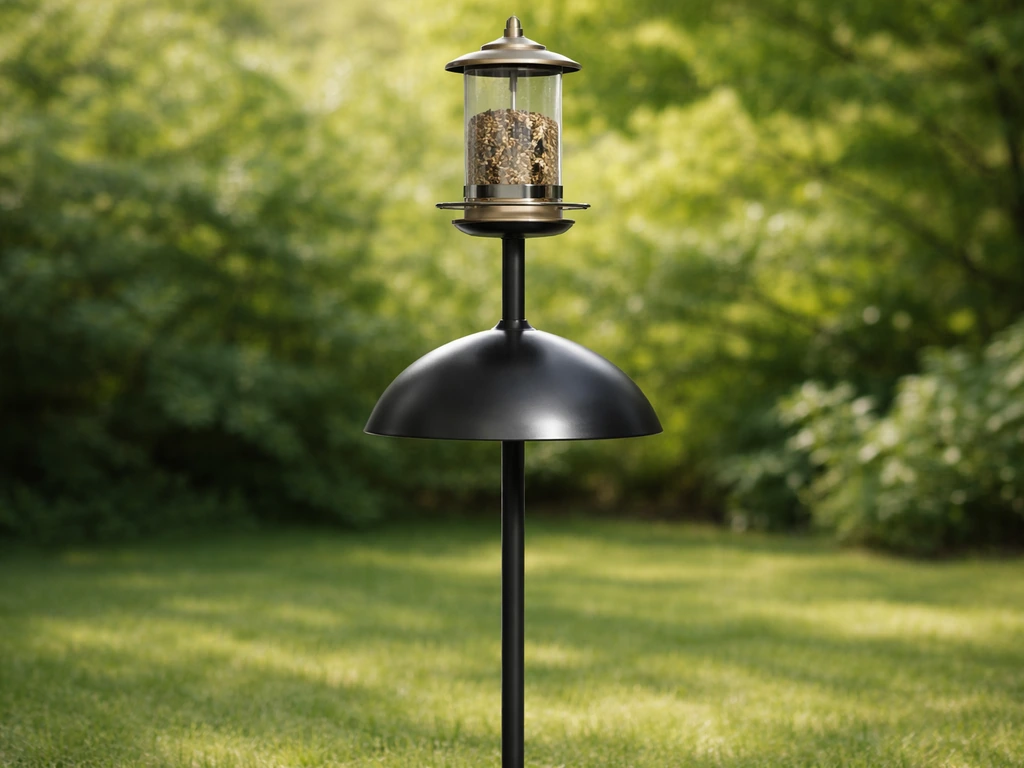 Bird feeder mounted on a smooth metal pole with a dome baffle designed to block squirrels.