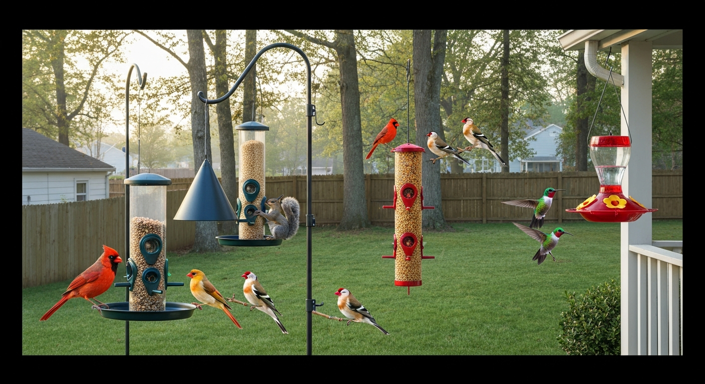 Maryland backyard with multiple feeders — tube with baffle, tray feeder, nyjer sock, hummingbird saucer — showing a cardinal, goldfinches, hummingbird, and a squirrel blocked by a baffle.
