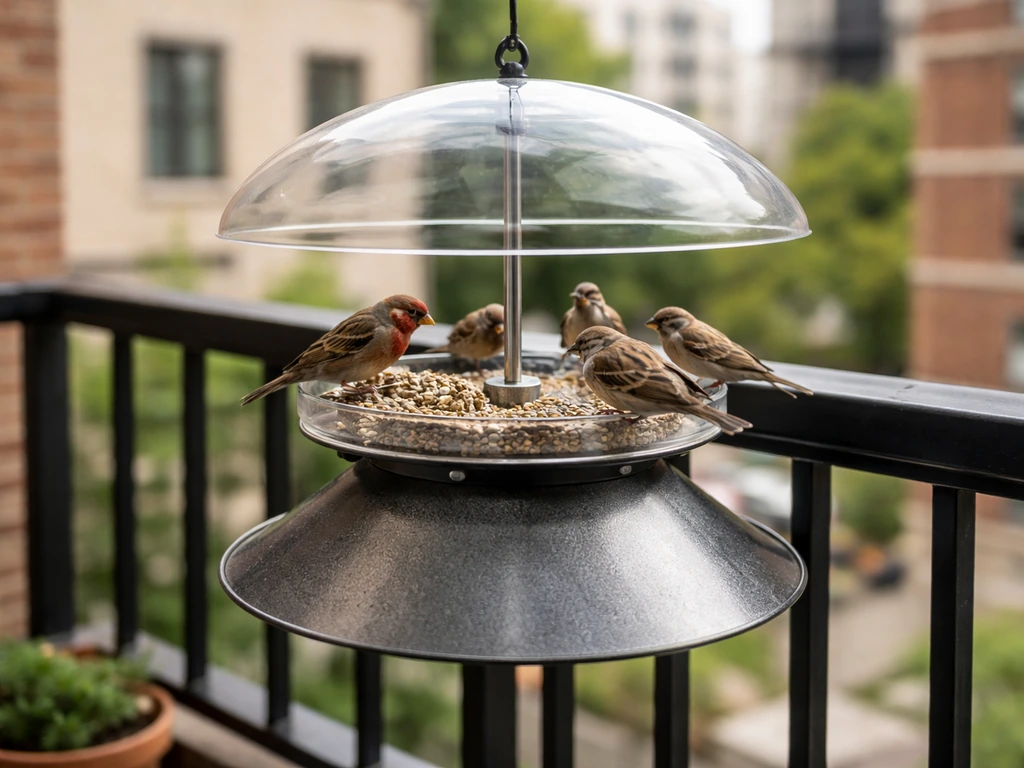 Close view of a squirrel-guarded bird feeder on a city balcony with small birds and buildings in the background.