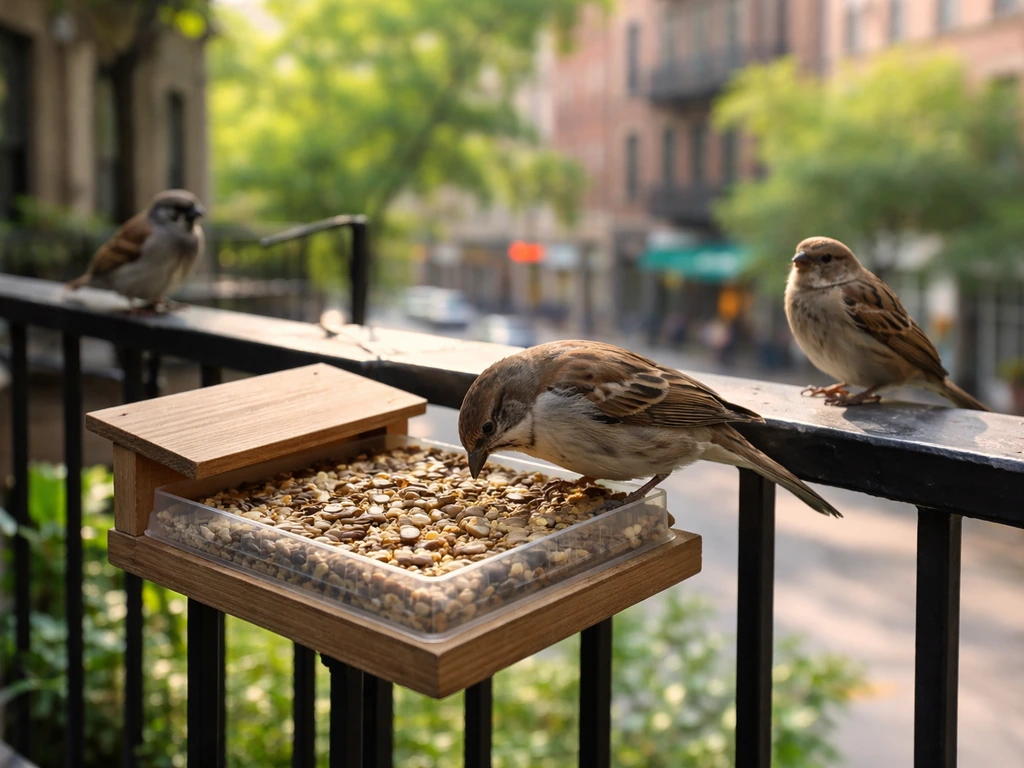 Small city songbird feeding at an outdoor balcony feeder with a blurred urban background.