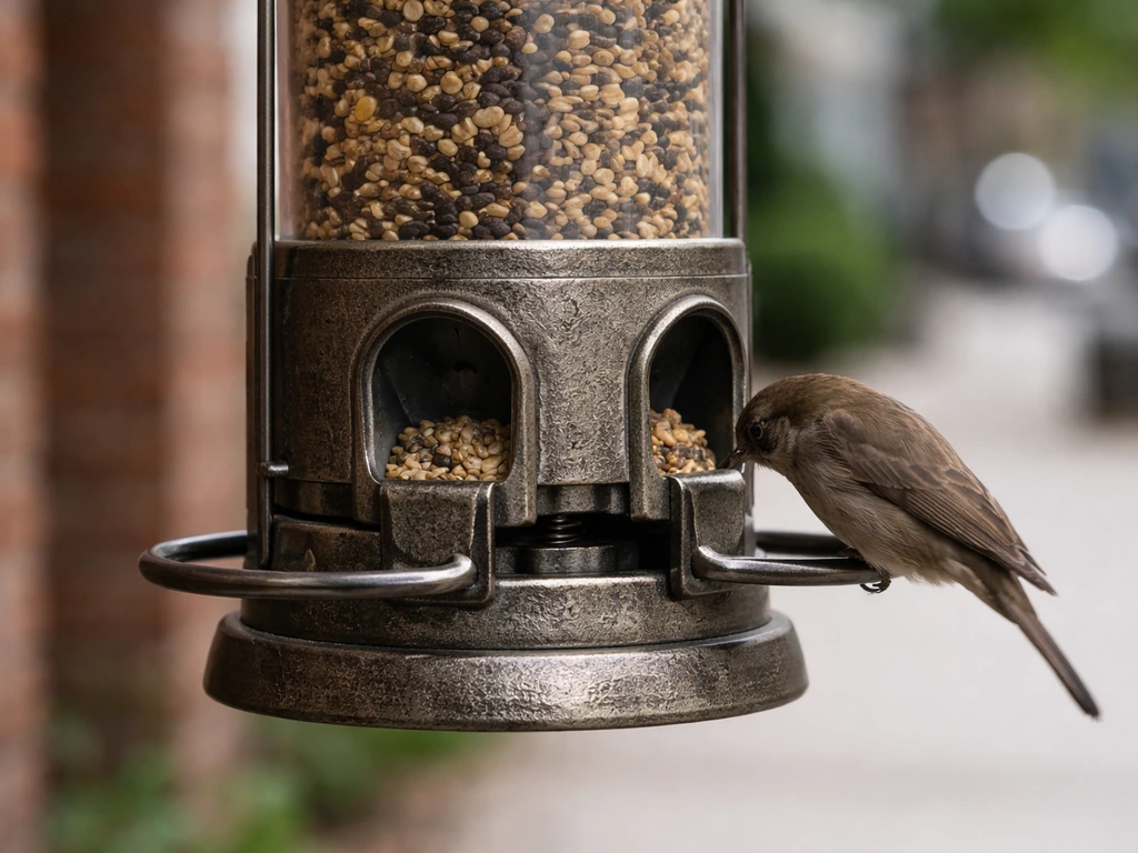 Close-up of a weight-activated tube bird feeder dispensing seeds with a small bird at the ports