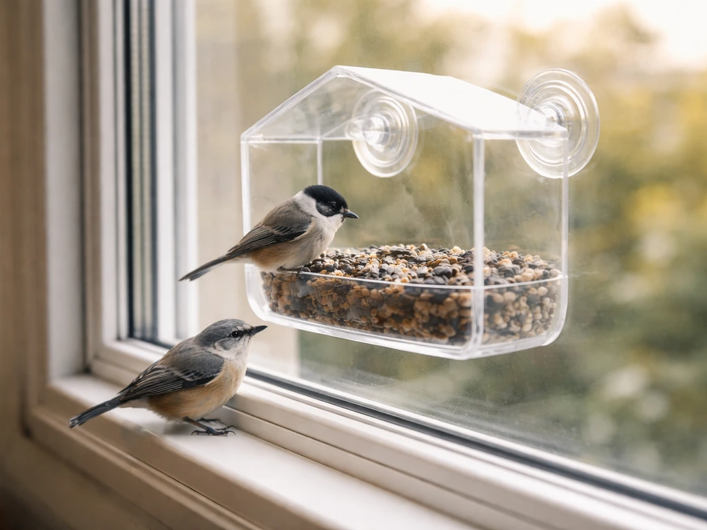 A suction-cup window feeder on an apartment window with small birds perched close to the glass.