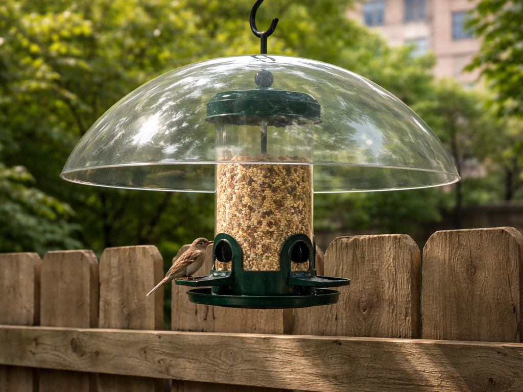 Bird feeder with a dome baffle blocking access, with a sparrow feeding from protected ports outdoors.