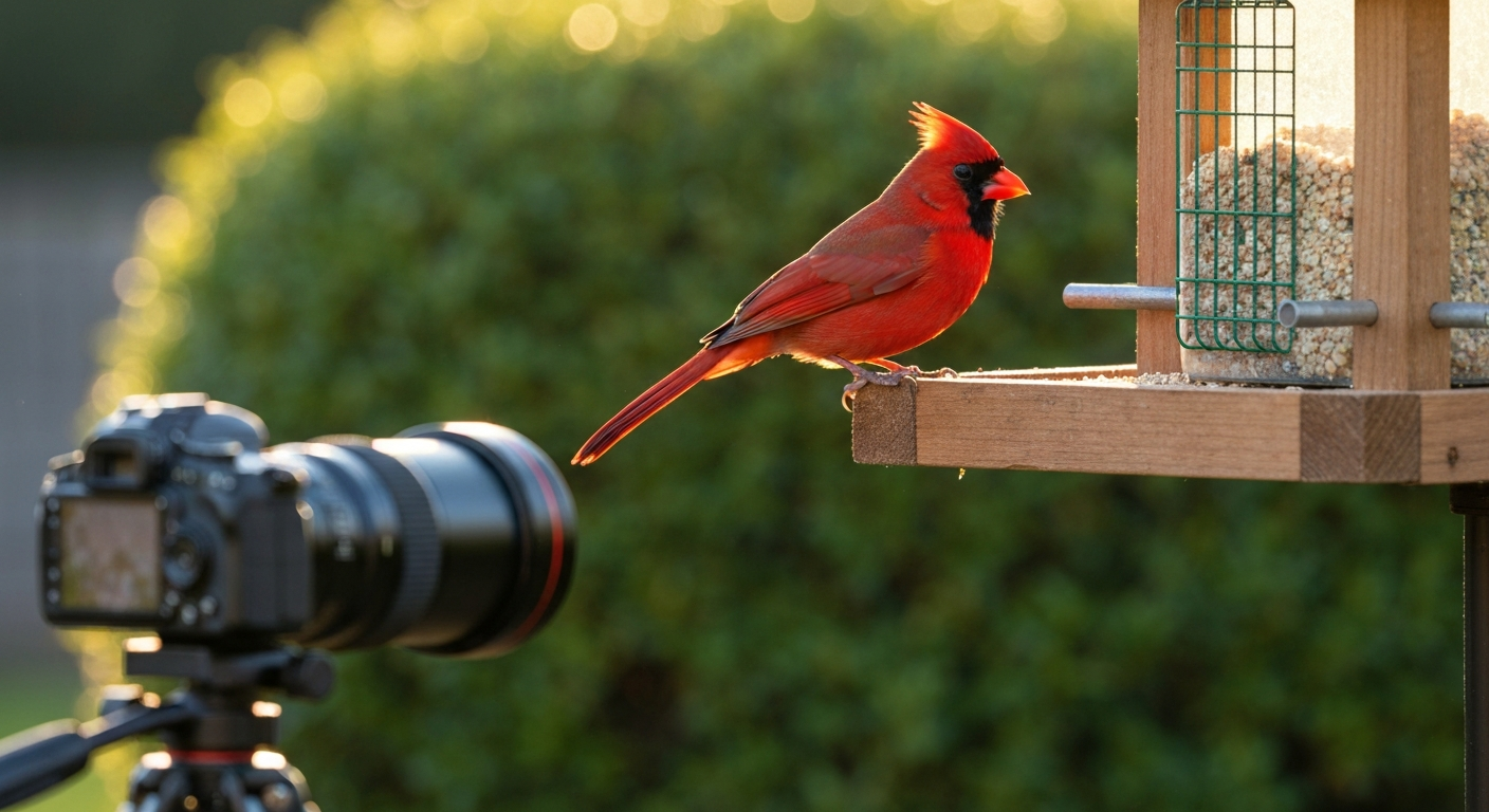 Male Northern Cardinal on a wooden platform feeder with a blurred camera and tripod in the foreground and a soft green background.