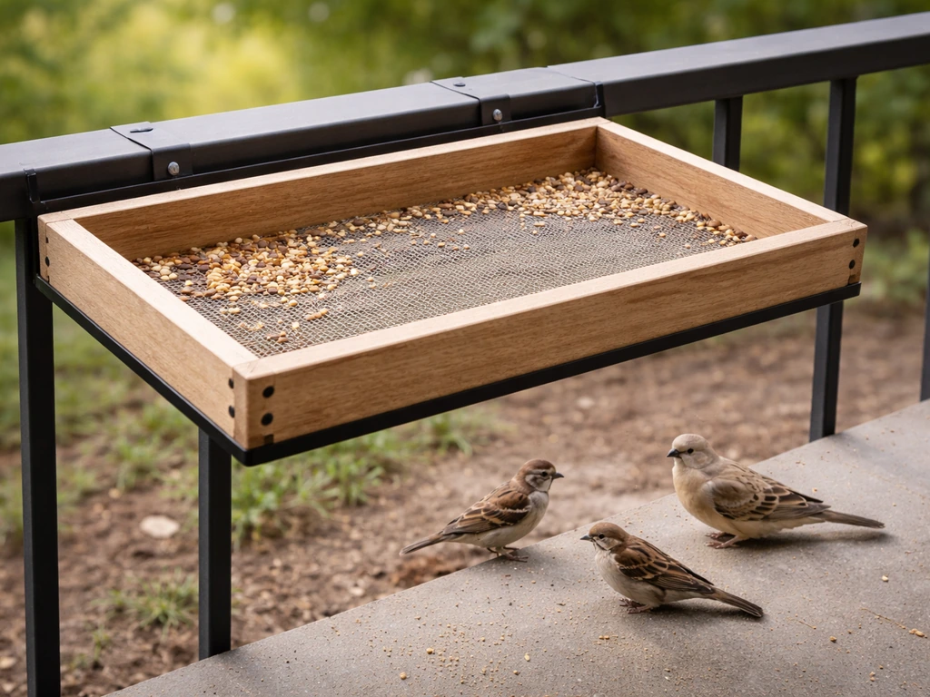 Open platform/tray bird feeder mounted on a railing with visible seed tray for ground-feeding birds.
