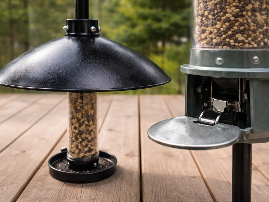 Deck-mounted feeder with pole squirrel baffle and visible weight-activated trigger mechanism