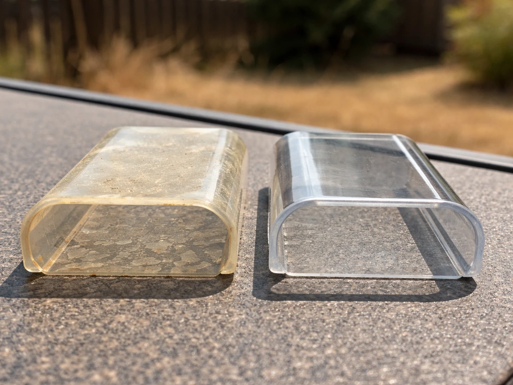 Sunlit close-up comparison of UV-stressed yellow cracked plastic vs clear UV-stabilized polycarbonate.