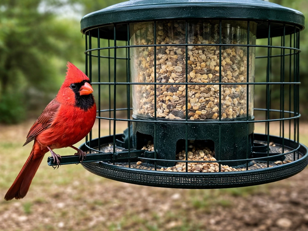Red cardinal perched at a hopper feeder showing wider ledge/mesh opening, outdoors in soft daylight.