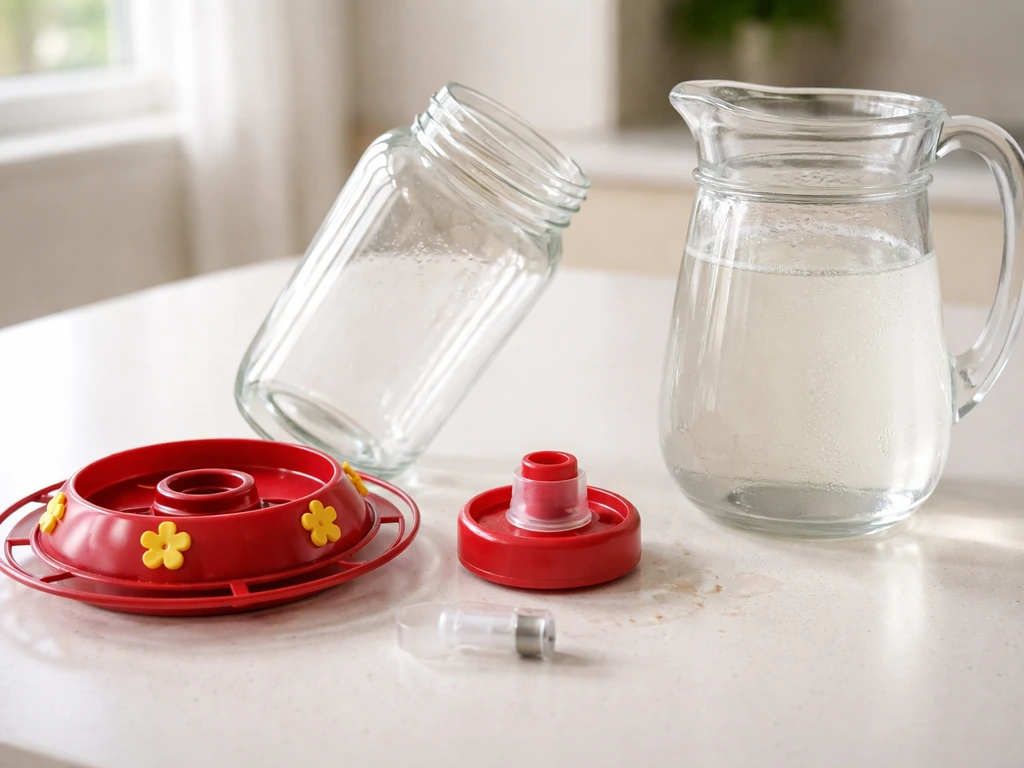 Disassembled wide-mouth hummingbird feeder parts with nectar mix pitcher on a kitchen counter