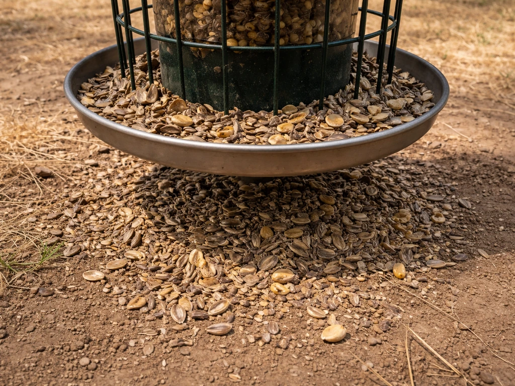 Seed hulls and discarded kernels gathered beneath a squirrel-buster feeder with a small deterrent tray