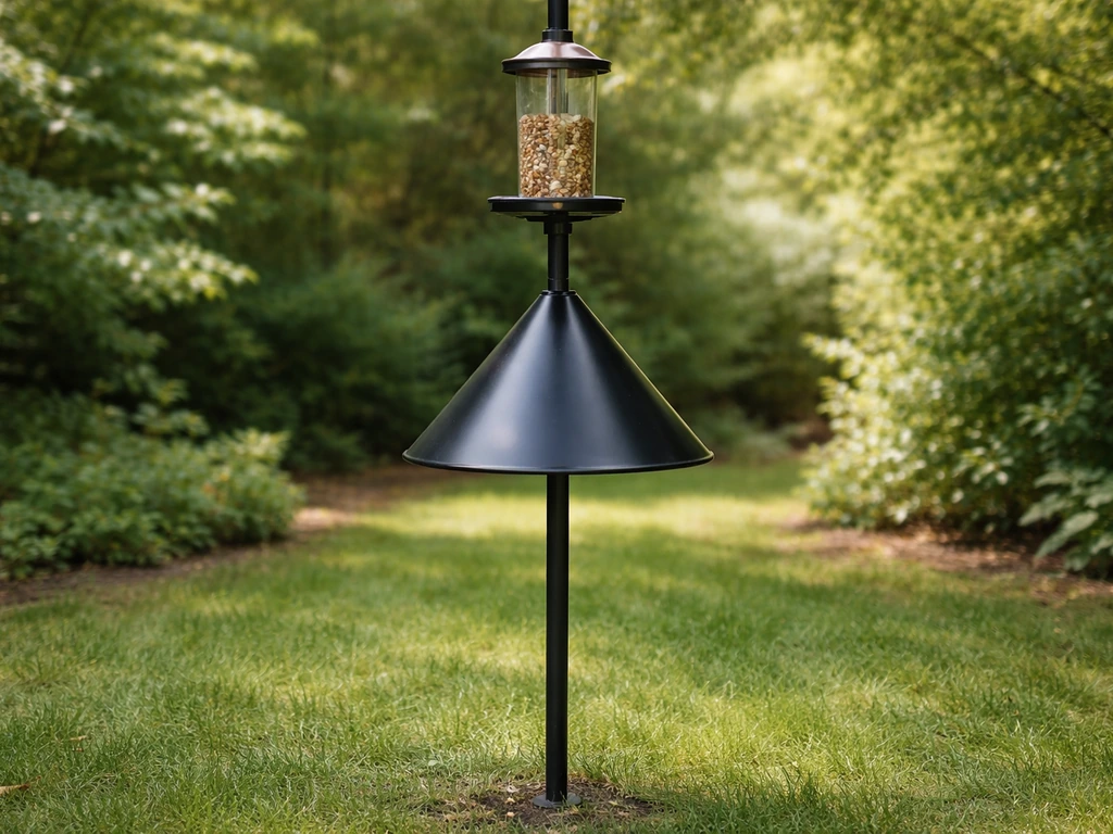 Pole-mounted bird feeder with a cone baffle that blocks squirrels from reaching the seed.