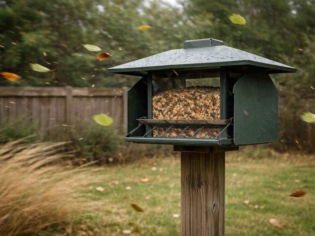 Windy backyard with a covered, guard-style bird feeder on a post, leaves and seeds blowing past.