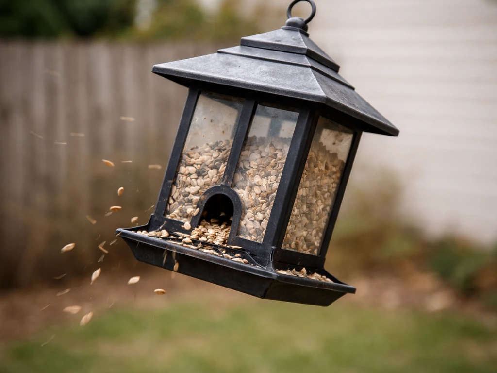 Minimal backyard bird feeder showing wind-related issues: swaying, seed spillage, exposed tube, and blown-off tray seed.