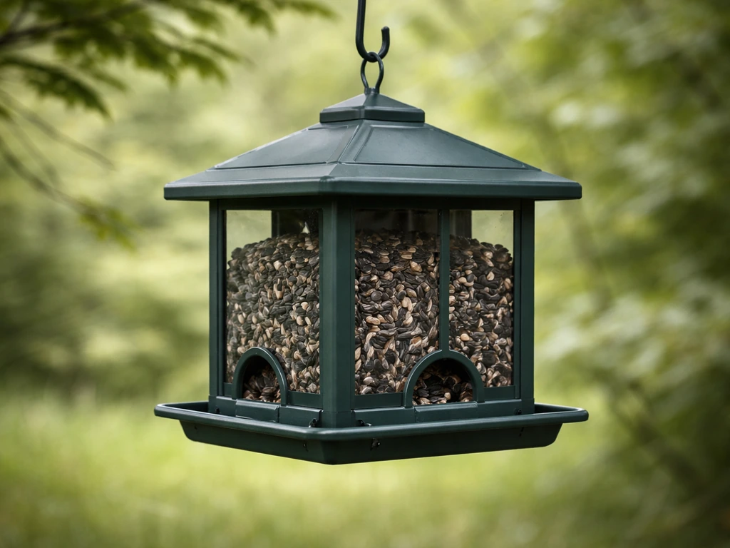 Close-up of a heavy, enclosed hopper bird feeder with black-oil sunflower seed, steady in strong wind.