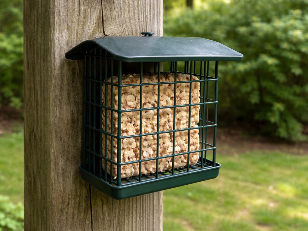 Compact suet cage feeder on a post with dense suet inside and protective guard.