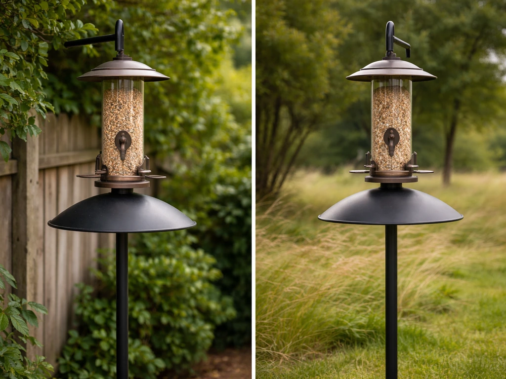 Close-up of a bird feeder pole with baffle in a sheltered corner, with a windy yard exposure beyond