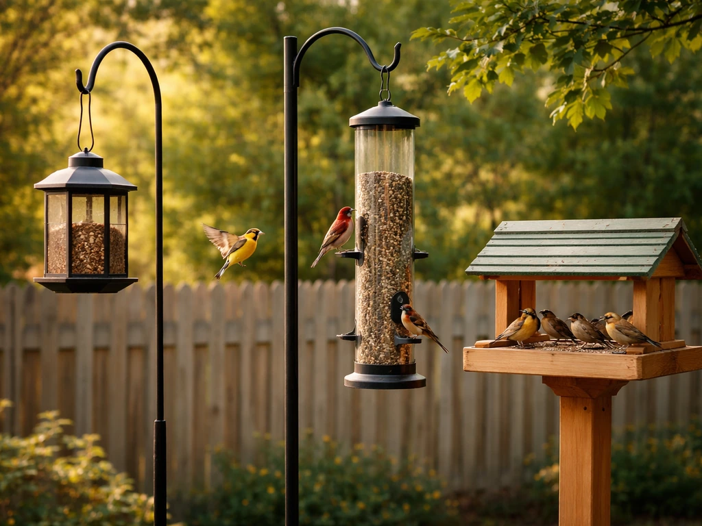 Backyard with tube, hanging, and hopper bird feeders as colorful songbirds feed in natural light