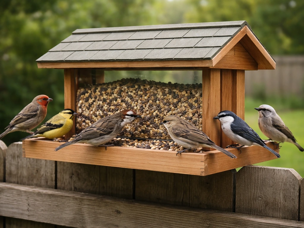 A cedar hopper bird feeder on a porch attracting small backyard birds at the open seed tray