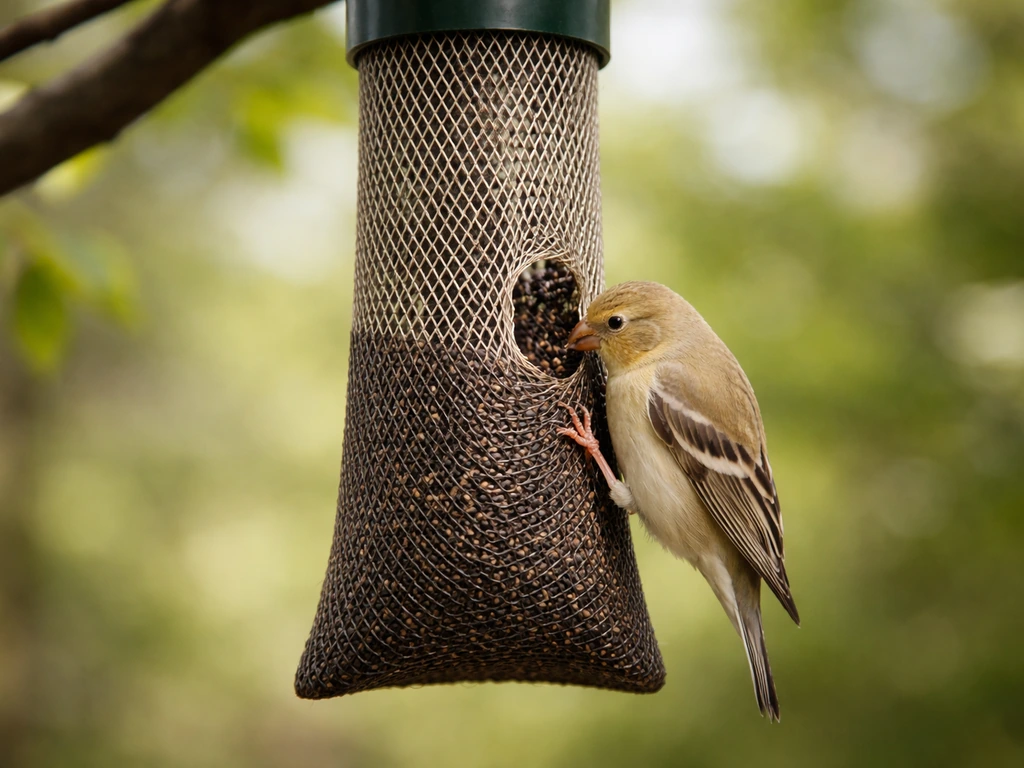 A small finch clings to a nyjer mesh tube feeder, feeding from cling-friendly openings.