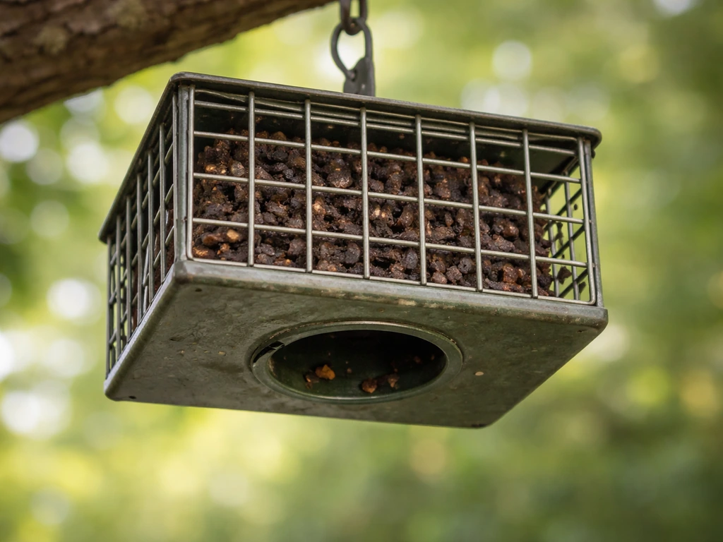 Upside-down suet cage hanging under a tree branch, underside feeding opening facing downward.