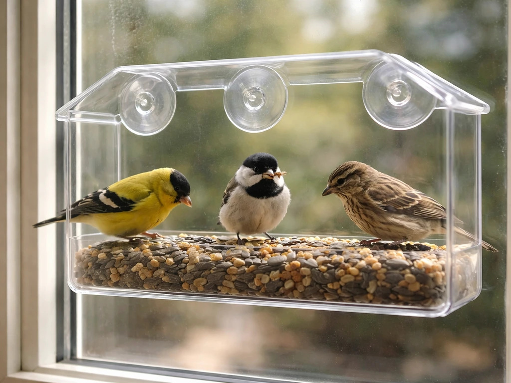 Suction-mounted window bird feeder on glass with small birds perched and feeding inches away.