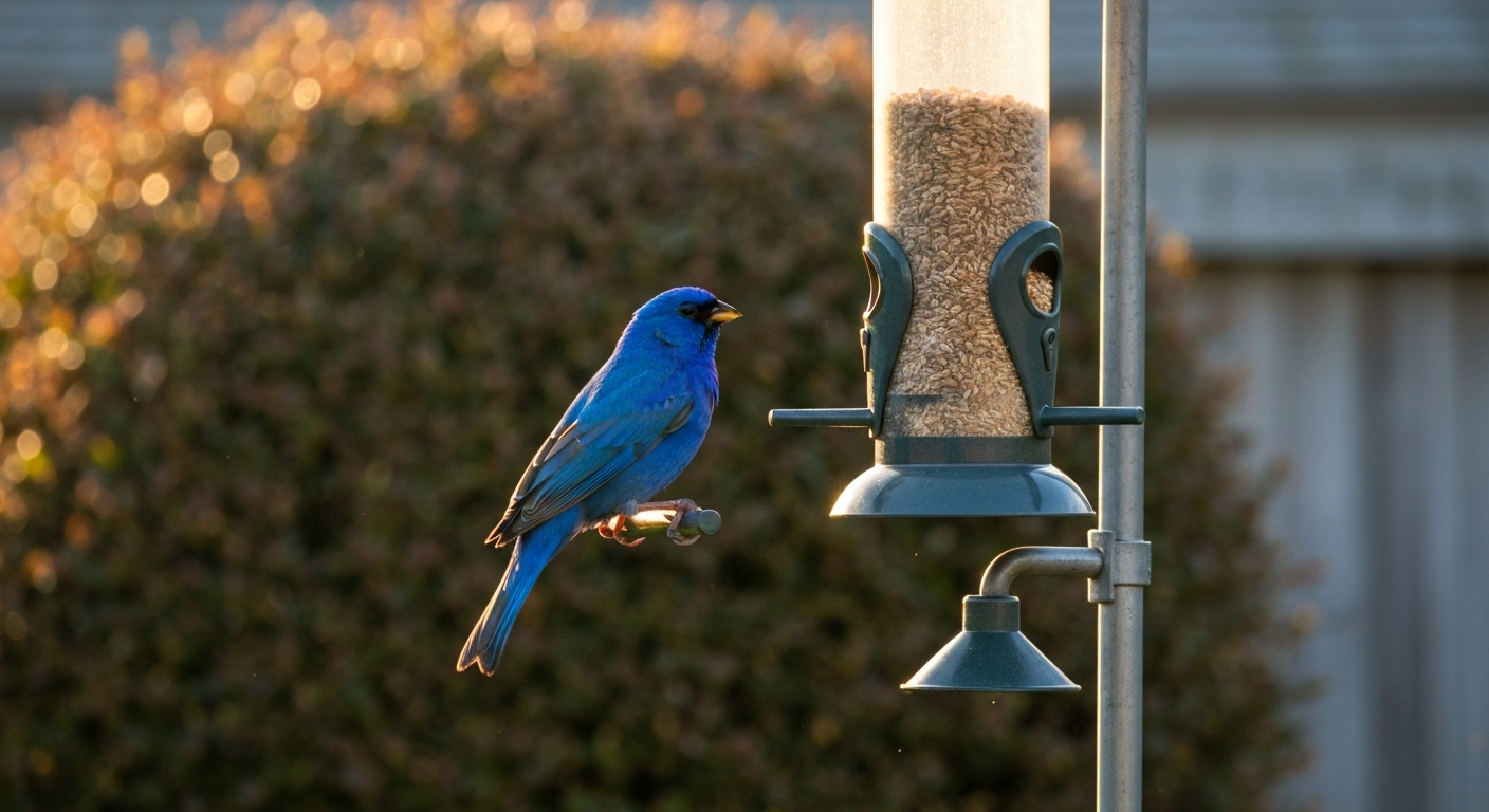 Male indigo bunting perched on a narrow-port nyjer tube feeder in a backyard with shrub cover in the background.