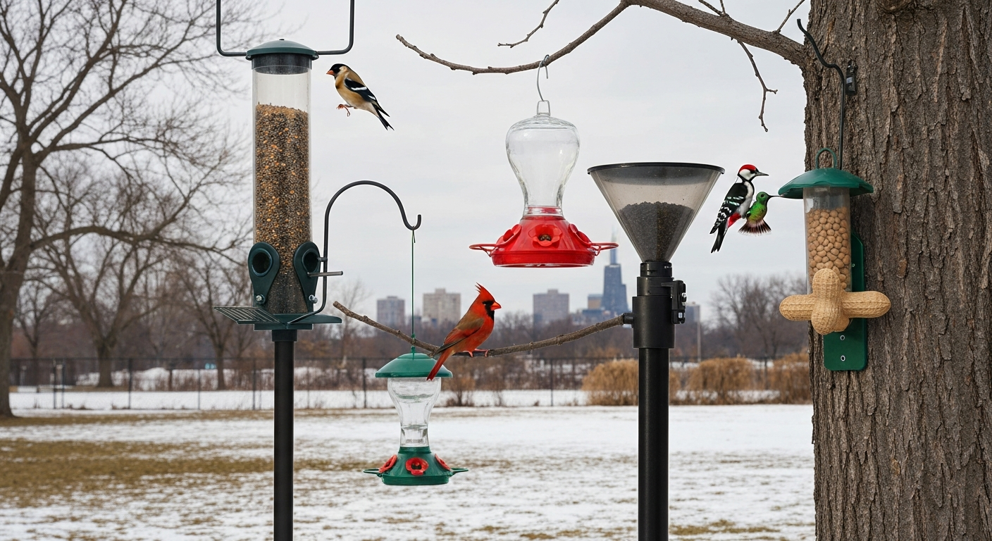 Cook County backyard with four durable bird feeders (nyjer tube, glass hummingbird feeder, weight-sensitive hopper, peanut feeder) and birds (goldfinch, cardinal, downy woodpecker, hummingbird); hardy poles and squirrel baffle visible; light snow and wind-swept trees imply Chicago conditions.