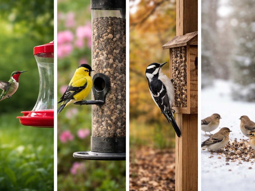 Seasonal view of Indiana backyard birds: hummingbird, goldfinch, woodpecker, and winter finches at feeders.
