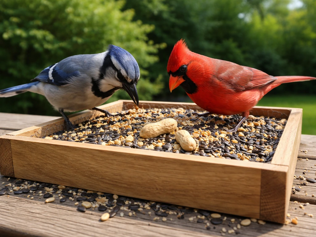 Two large backyard birds feeding on a filled platform feeder in an Indiana yard
