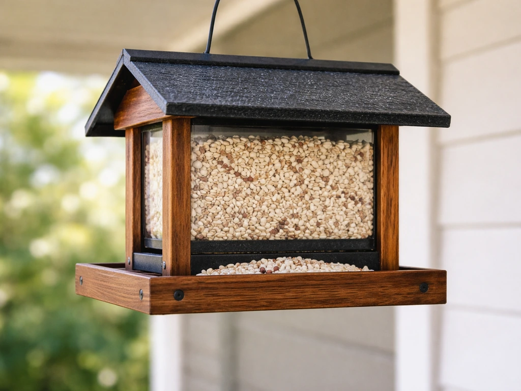 House-shaped hopper bird feeder with visible seed reservoir and side tray in a quiet yard