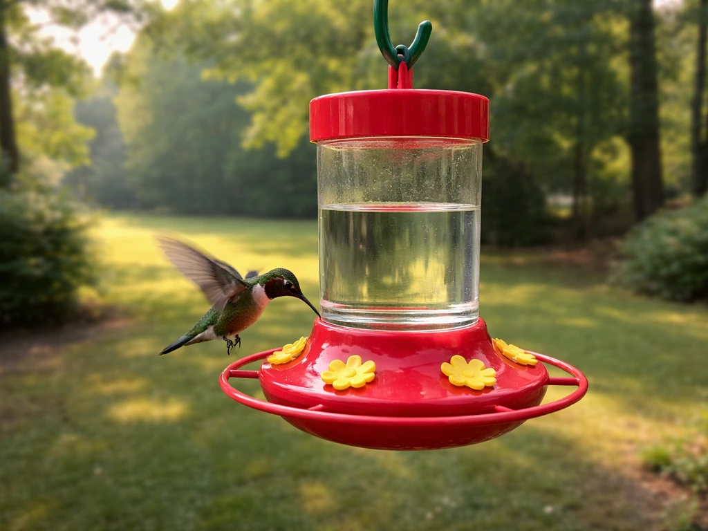 Ruby-throated hummingbird hovering at a red nectar feeder in a quiet Indiana backyard.