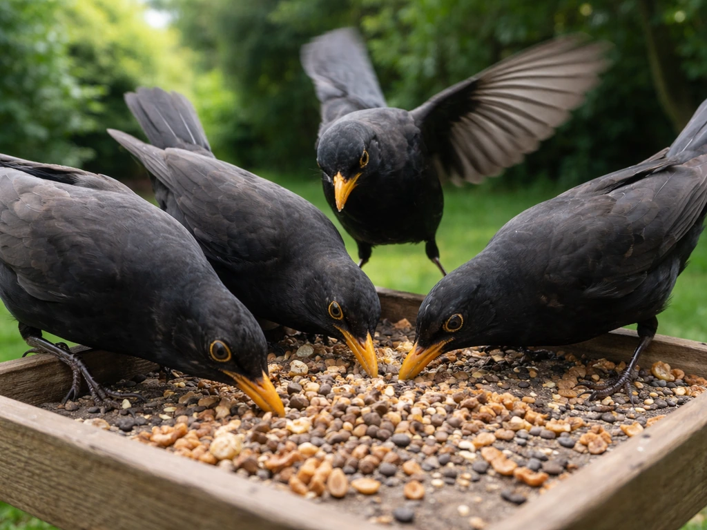 Blackbirds feeding at a tray-style platform feeder, with seeds and insects visible, in natural light.